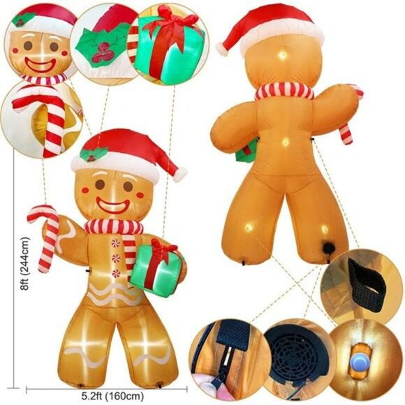 8 Ft Inflatable Gingerbread Man with Built-in 5 Bright LED Lights - Picture 3 of 6